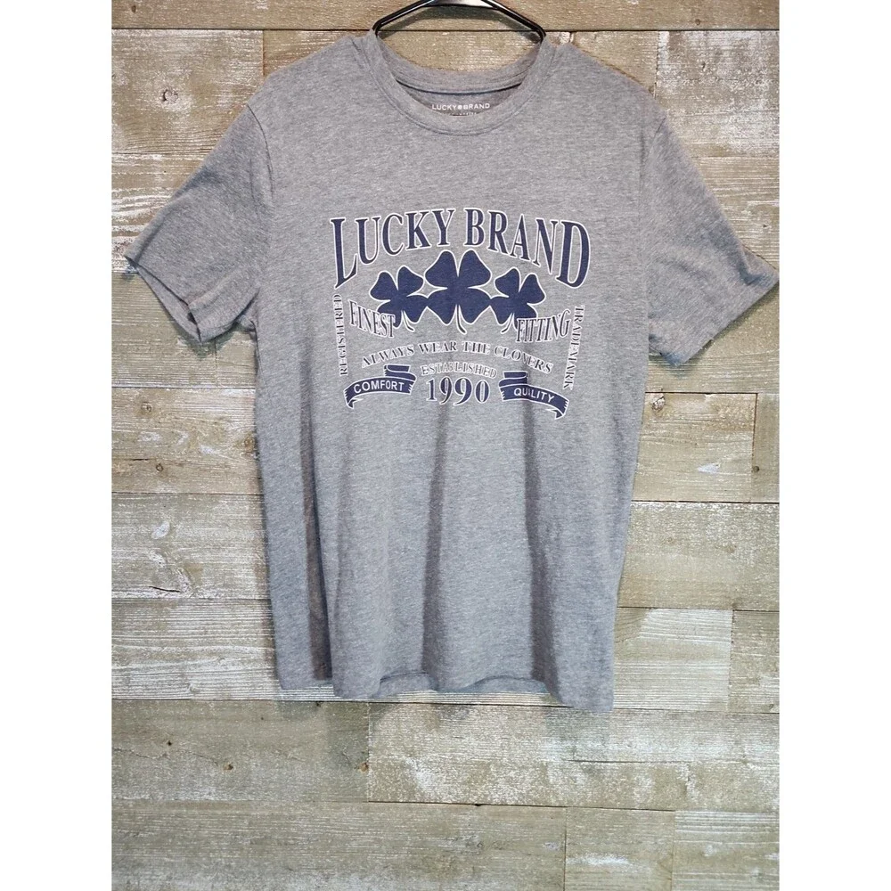 Lucky Brand Men's T-Shirt Medium Gray Tri-Blend Clover Graphic Short Sleeve